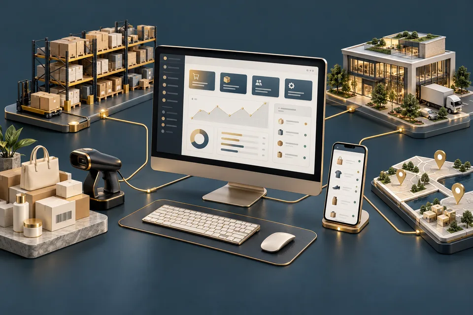 Concept illustration connecting a business dashboard, mobile app, retail inventory and property model