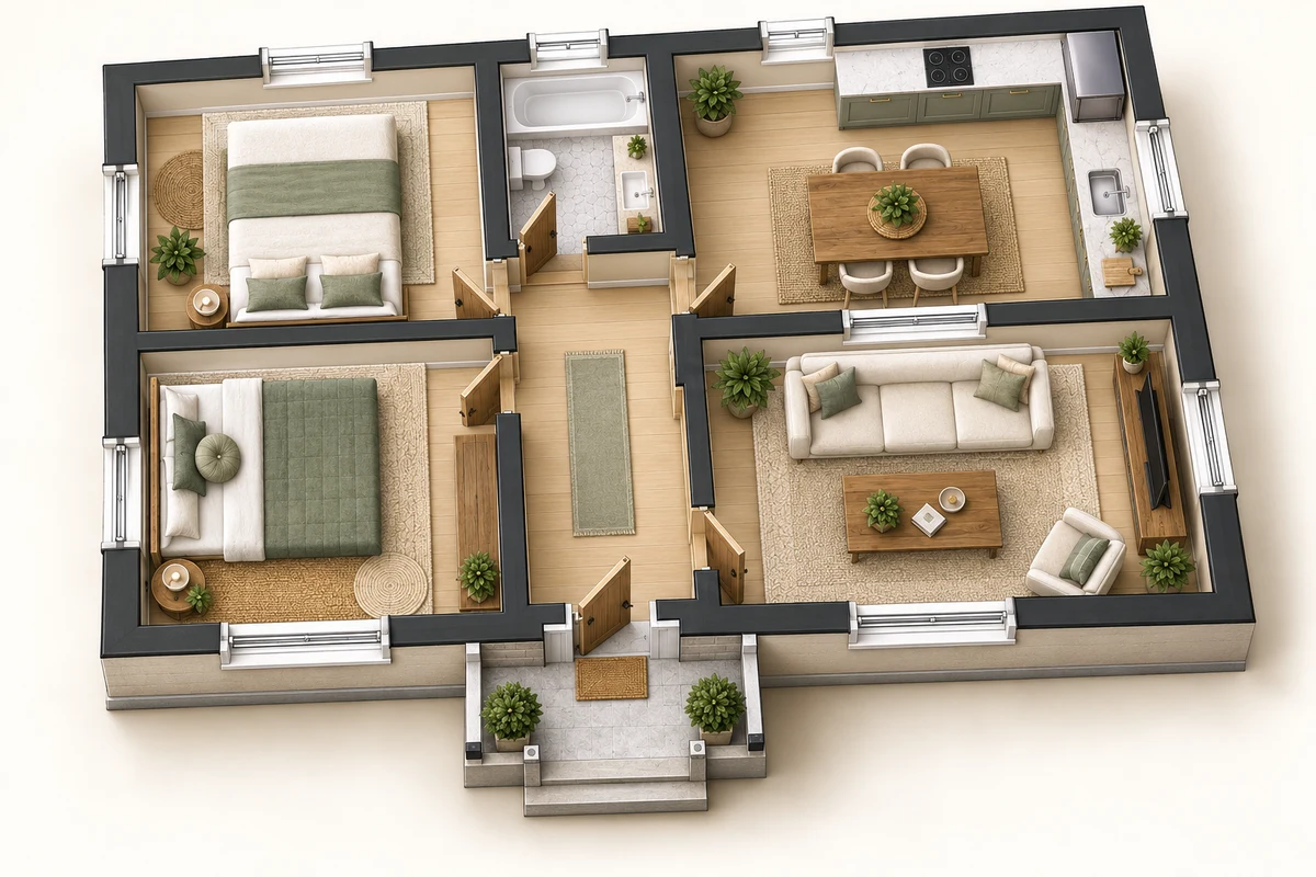 Tilted 3D view — compact home