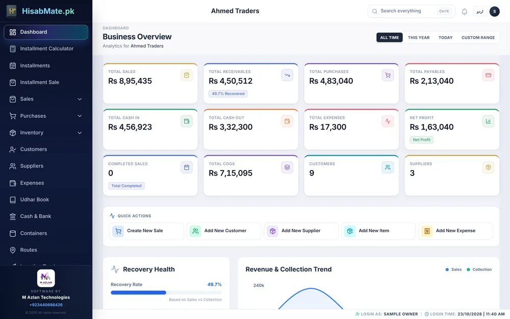 HisabMate.pk owner dashboard with sample data