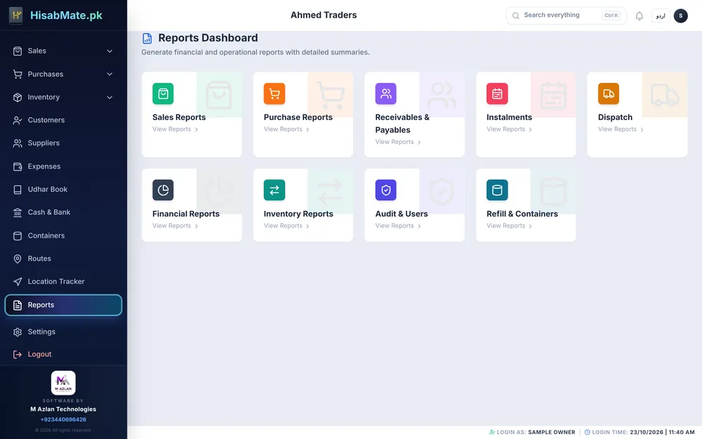 Reports dashboard: sales, purchases, receivables, installments, stock and more