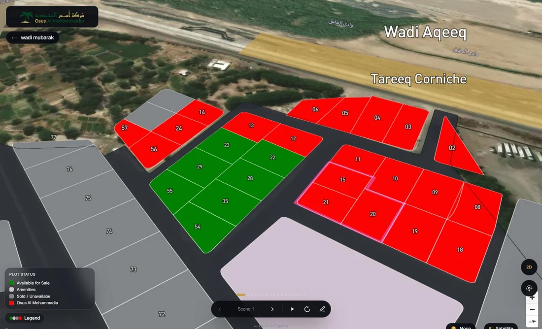 Live OSUS Map project showing satellite imagery, numbered plots, availability colours and presentation controls